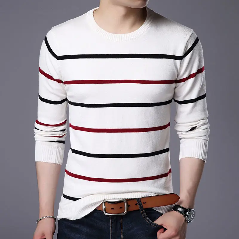 Мужской пуловер, брендовая одежда, осень-зима, шерстяной приталенный свитер, мужской повседневный Полосатый пуловер - Цвет: White