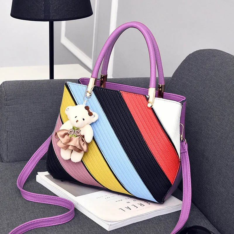 Women Stripe Handbag Female Leather Crossbody Bag Lady Fashion Bear Messenger Shoulder Bags Bolsa Purse Tote Sac A Main SS7214 (7)