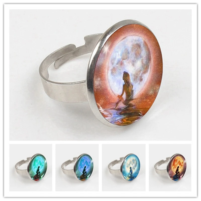 

2019 Wholesale Glass Dome Mermaid ring, Fantasy Painting Jewelry, Art Glass Cabochon Sea ring