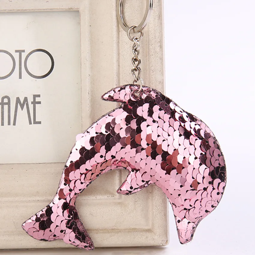 

Marine Keychain Pendant Sequin Dolphin Car Keyring Reflective Hanging PU Keyring for Women Bag Key Chains Summer Jewelry