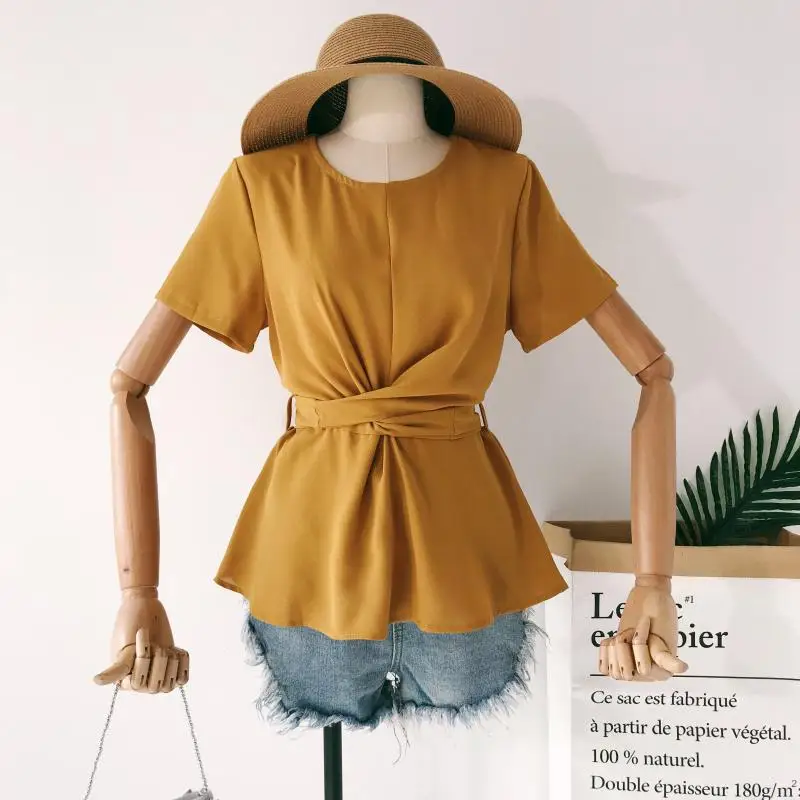 

New Spring Summer Round Neck Short Sleeve Ruffle Solid Color Casual Shirts Lady Chiffon Tops D377