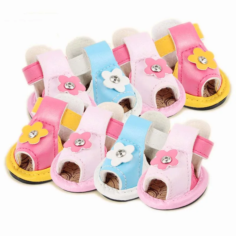 SYDZSW PU Pet Boots Dog Shoes Cute Sunflowers One Diamond Candy Color Pet Summer Sandals Anti Slip Chihuahua Yorkie Dog Accessories 1