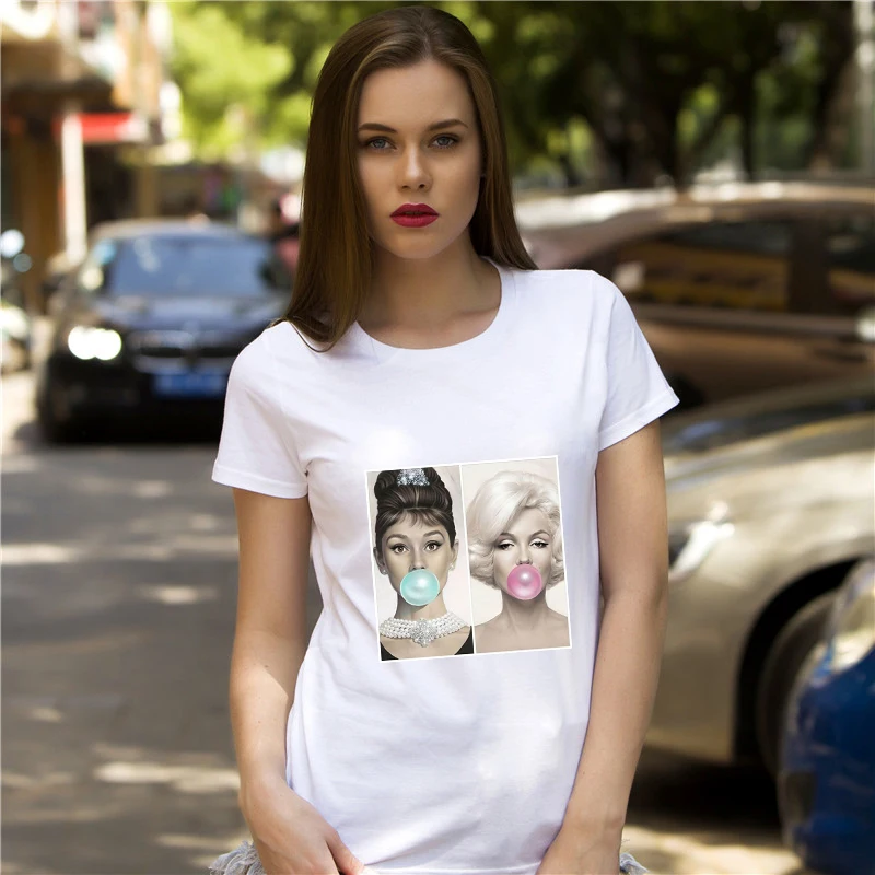 

New Fashion O Neck Short Sleeve Cotton Tops Tshirt Women Clothes Marilyn Monroe Chewing Print Design Cotton Funny T Shirt Women