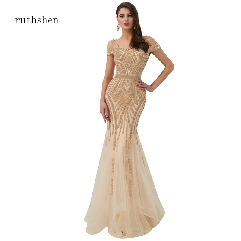 

ruthshen Muslim Luxury Evening Dress Long Full Handmade Beading Cristal Spaghetti Strap Diamond Mermaid Dresses Robe De Soiree