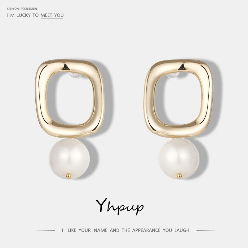 Yhpup, модный бренд, простой дизайн, геометрические медные Висячие серьги, золото, серебро, имитация жемчуга, серьги для девушек, вечерние ювелирные изделия