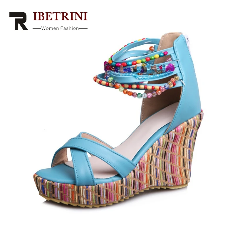 

RIBETRINI Wholesale Large Size 33-43 Bohemia Style Ankle Chains Women Shoes Summer Sandals Fashion Wedges High Heels Woman Shoes