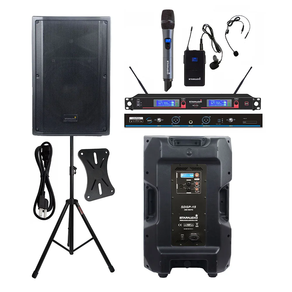 

STARAUDIO 15" DSP 4500W Stage Active PA DJ Powered KTV Speaker Karaoke PA DJ Stand 2CH UHF Wireless Handheld Headset Mic SDSP-15