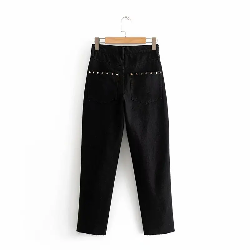 ASDS для женщин тяжелый заклепки украшения черные джинсы талии Slim Fit дамы