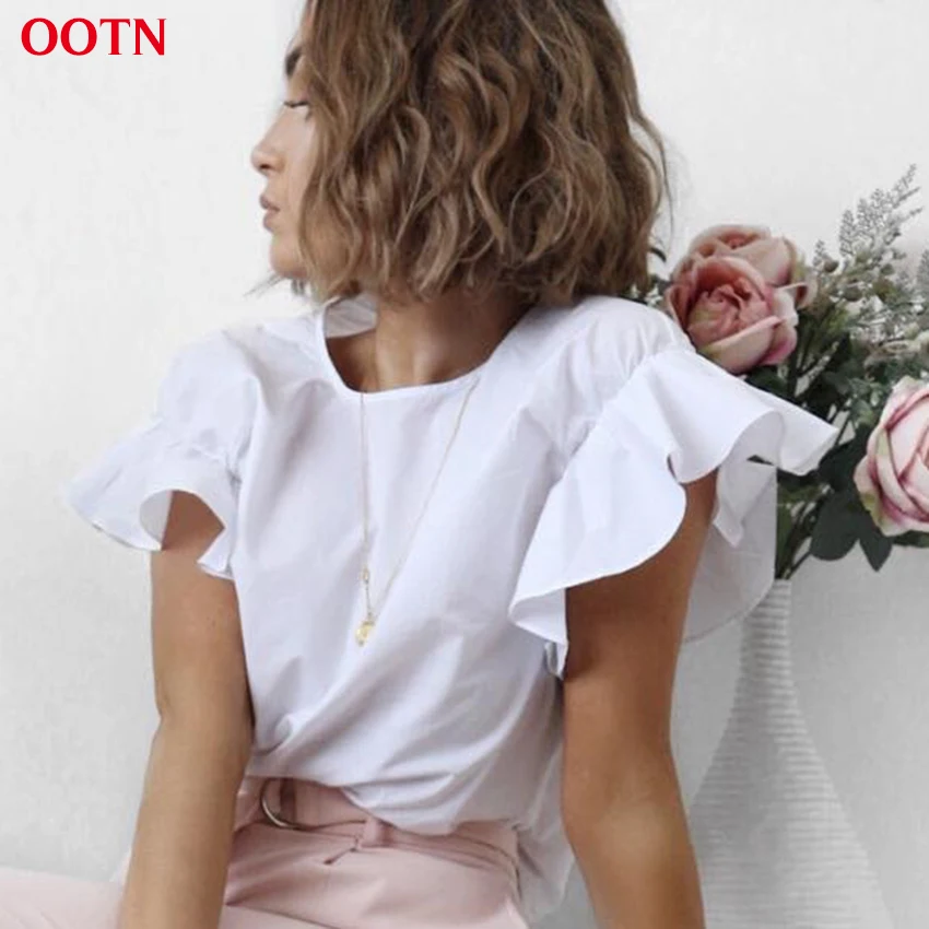 OOTN 2017 Лето Женщины Бабочка Рукавом С оборками Футболки Белый Тканые топы Женская