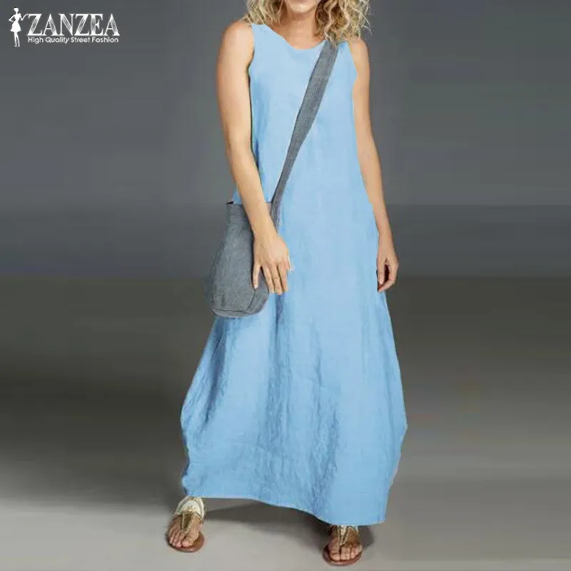 ZANZEA Повседневное платье макси Vestidos женский льняной сарафан винтажное платье без рукавов с круглым вырезом женское платье размера плюс летнее платье