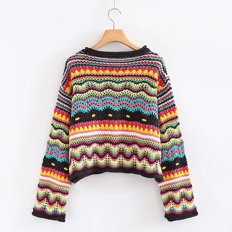 Винтажный милый разноцветный ТРИКОТАЖНЫЙ КОРОТКИЙ женский свитер, новая мода, круглый вырез, длинный рукав, женские пуловеры, Повседневный пуловер для женщин