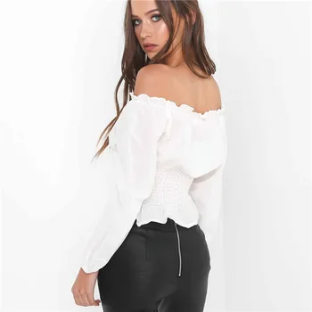 

Autumn 2019 European and American Street Women's Wear with A Word Collar, Shoulder Lantern, Long Sleeve, Waist Slim Tie T-shirt