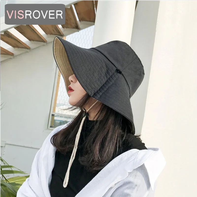 

VISROVER 4 colorways Solid Color double face Bucket Hat Folding Washed Lady Sun Protection Cloth Cap Women Cloth Wide Brim Cap
