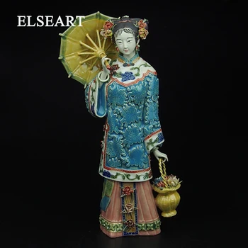 

Retro chinese lady holding umbrellas and flower basket handmade ceramics sculpture statue figurine home decoration