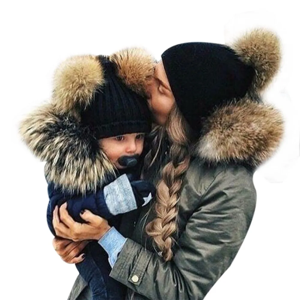

Lovely Mom&Newborn Baby Double Fur Pompon knitted beanies Winter Warm Caps Bobble Beanie Hat parenting fleece crochet Cap
