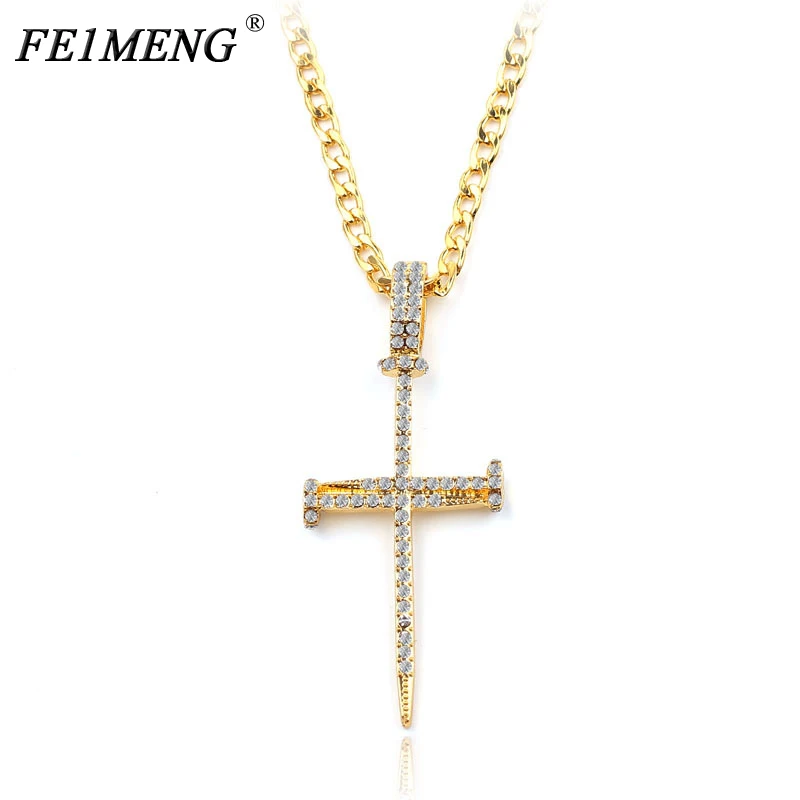

Gold Splicing Nail Cross Necklace Classic Micro Pave AAA+ Cubic Zirconia Cross Necklaces For Men Rapper Hip Hop Fashion Jewelry