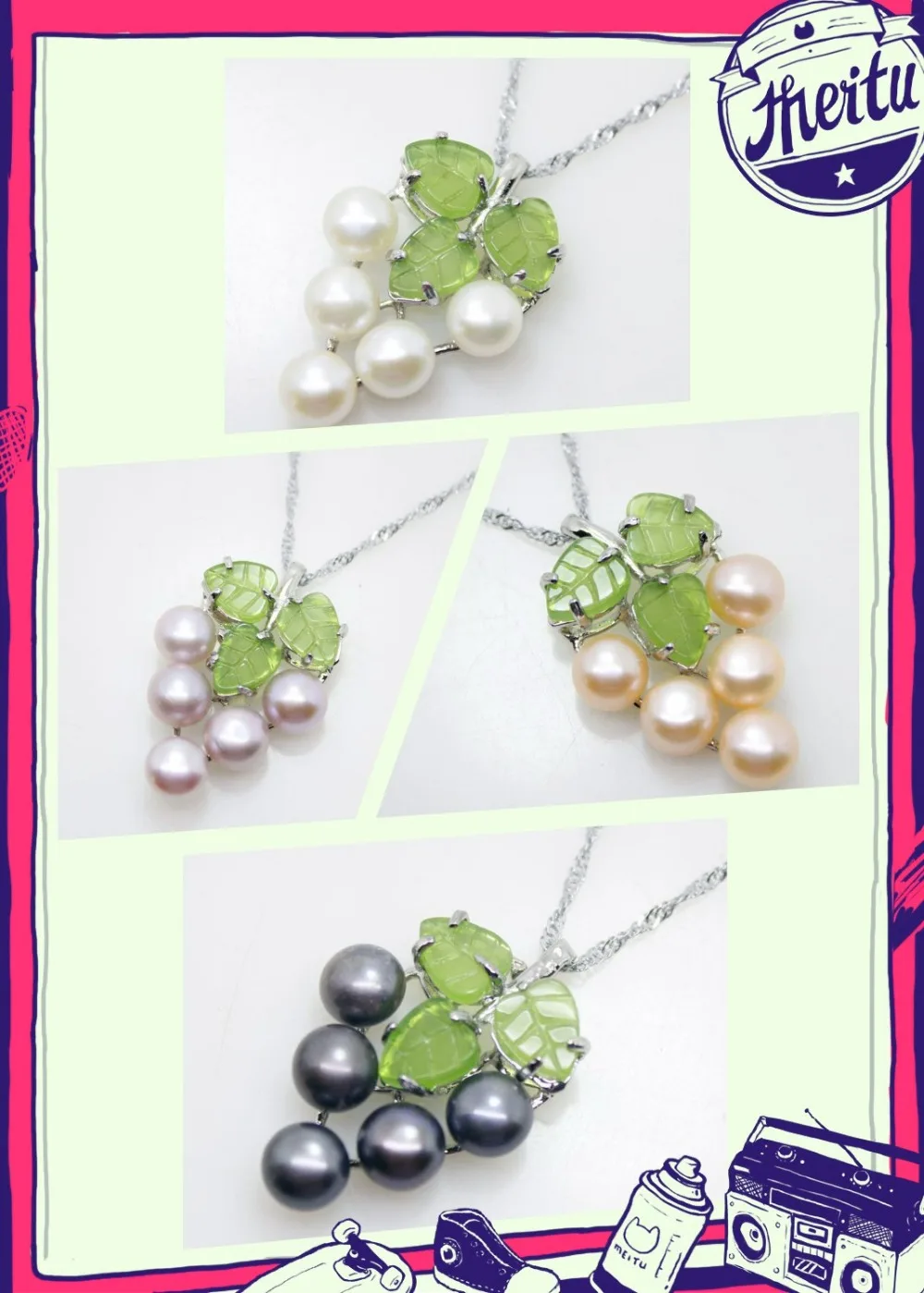 

4 colors New Natural white/pink/purple/black Freshwater Pearl Jade Grape Pendant Necklace
