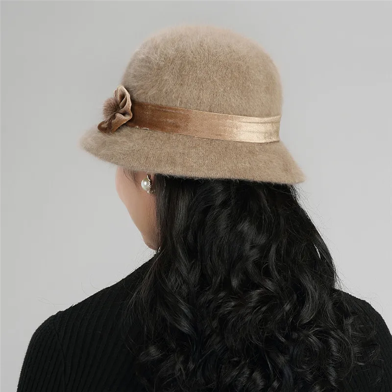 Зимняя Новая женская шапка, модная теплая женская шапка из кроличьего меха, шапка-ведро, украшение для прически с цветами для женщин, для взрослых, женская зимняя шапка