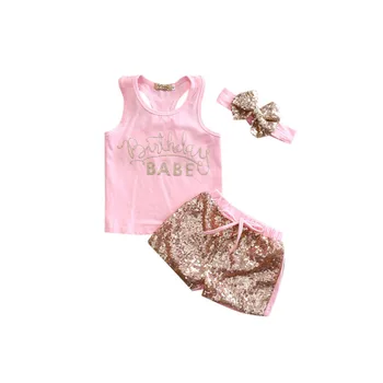 

3PCS Fashion Cute 0-24M Newborn Baby Girls Cotton Sleeveless O-Neck Pullover Letter Print Pink Vest Tops Sequins Shorts Headband