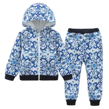 

New Spring Autumn Children's Blue and White Porcelain Print Zipper Shirt Trousers Primary School Sports Suit Kid Girls two-piece