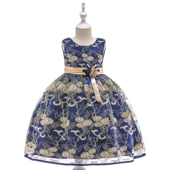 

Navy Appliques Draped Sequined Flowers Girl Dresses With Ribbon Bow Elegant Lace Flower Bow First Communion Dresses