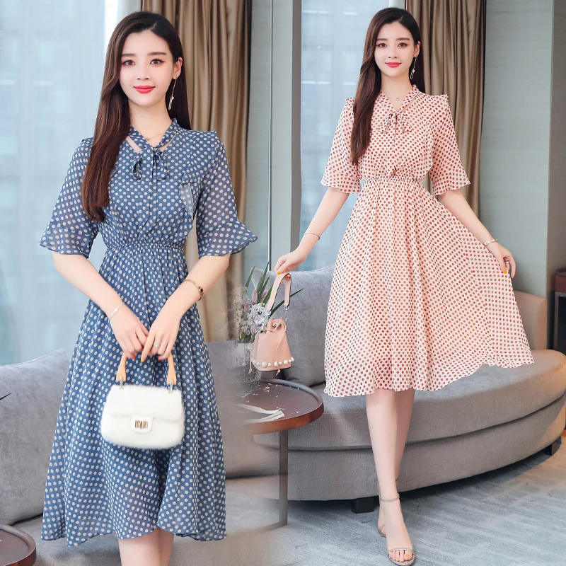 

Summer Polka Dot Women Chiffon Blue Dress Office Ruffle Elegant Slim Korean Vacation Midi Dress Pink Lady Vintage Runway Dresses
