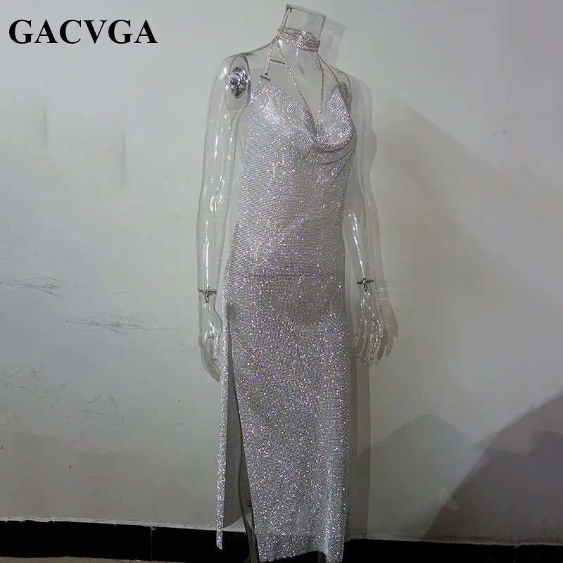 GACVGA блестящее металлическое длинное платье для женщин с открытой спиной летнее макси-платье с разрезом Сексуальные вечерние платья Vestidos