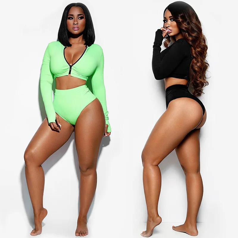 

Women's Sexy V-Wire Swimsuit for Women Two-Piece Long Sleeve Front Zipper Swimsuit High Rise Solid Bathing Suit