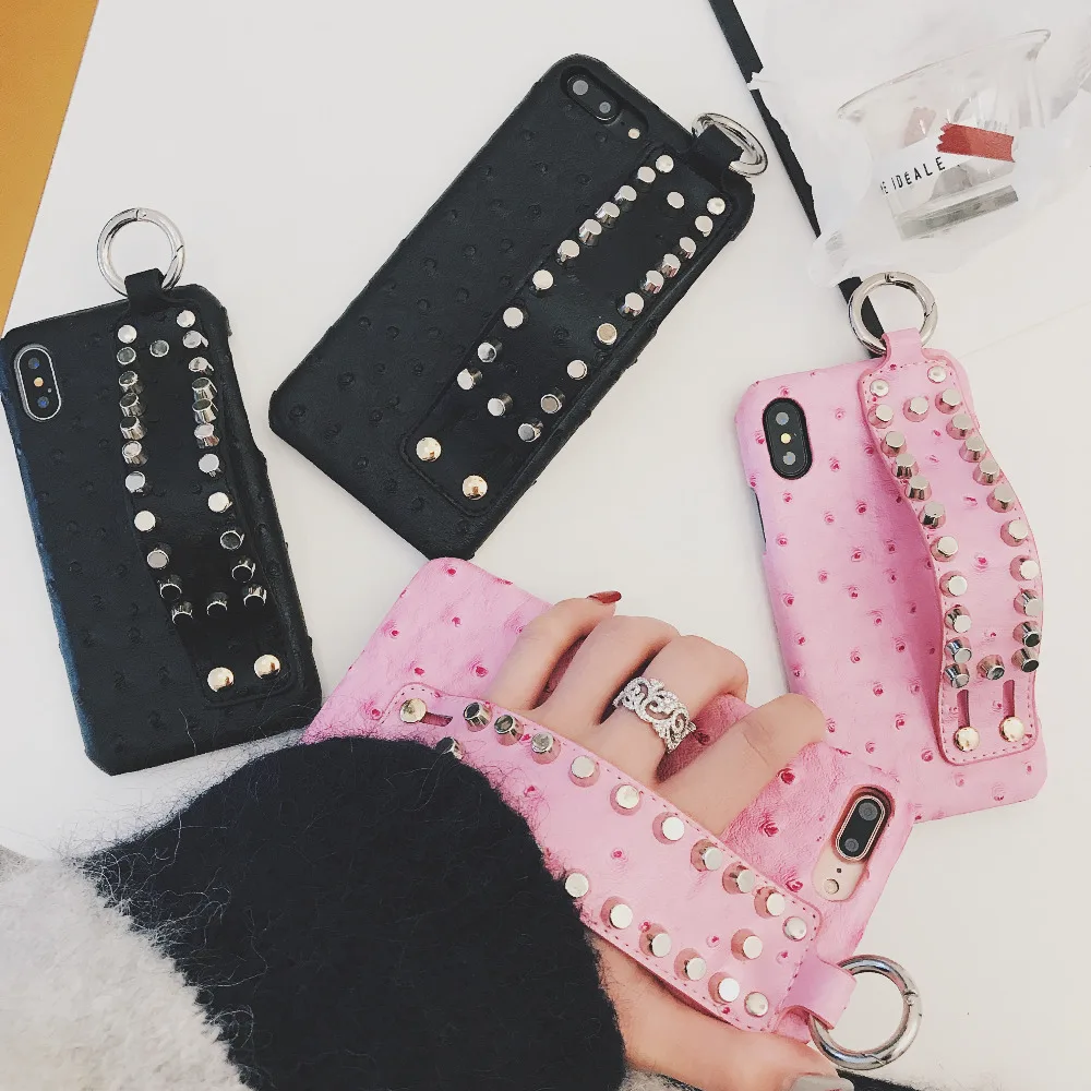 

Luxury Brand Rivet Studded GRIP Strap Phone Case For iPhone 7 7plus Fabric Cases Cover Para 6 6s 6 s Plus 8 8plus X Fundas Coque