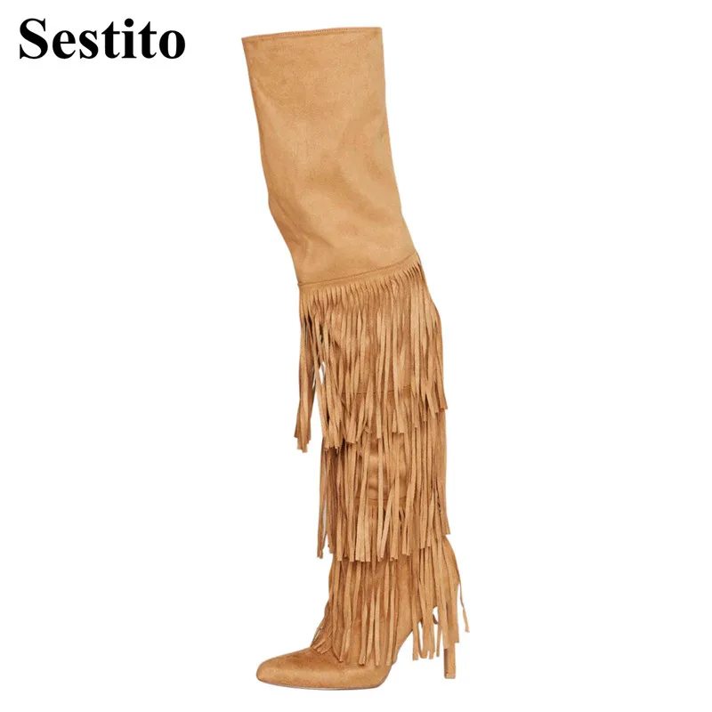 

Fashion Solid Fringe Round Toe Super High Thin Heels Over-the-Knee Women Boots Spring/ Autumn Slip-on Thigh High Boots Shoes