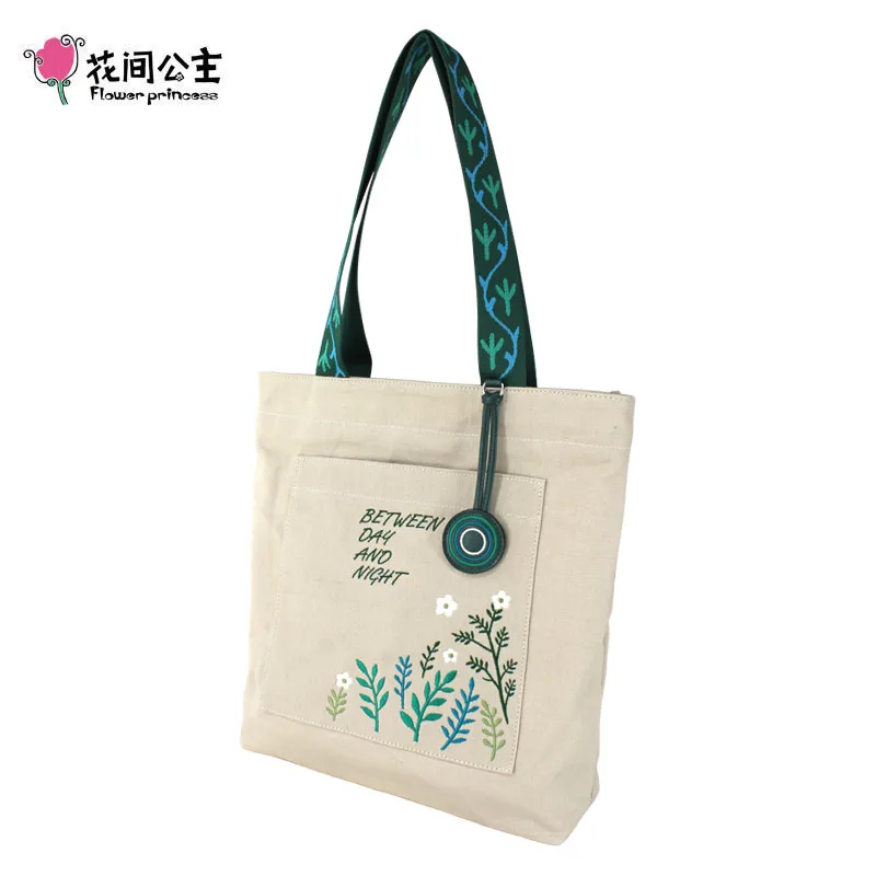 Flower Princess Embroidery Strap Women Tote Bags Summer Casual Shoulder Bag Large Capacity Pocket Handbags Lady Canvas Bag