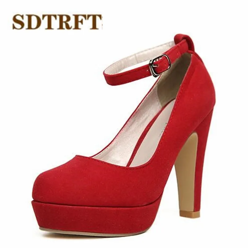 

SDTRFT zapatos mujer Spring New 2018 Round Toe Ankle strap Stilettos 12cm Thick High-Heeled platform shoes woman wedding pumps