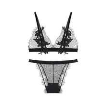 Большой размер, черный прозрачный женский сексуальный комплект с бюстгальтером, новинка года, летнее ультратонкое свежее нижнее белье с цветочной вышивкой, комплекты кружевного белья