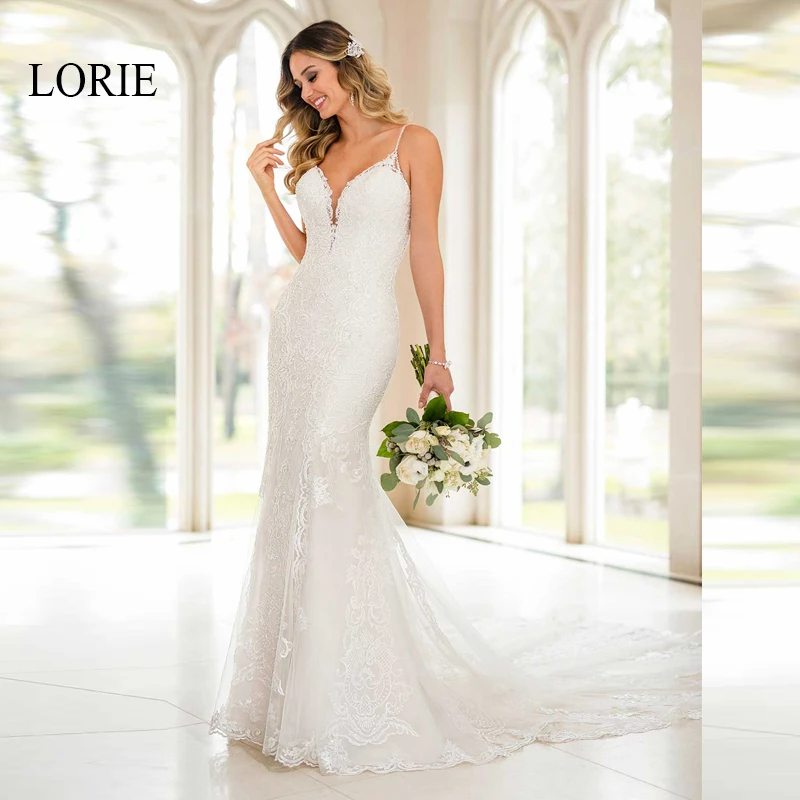 

LORIE Elegant Lace Mermaid Wedding Dresses V Neck Sleeveless Backless Summer Boho Bridal Dresses robe mariage 2019 Custom made