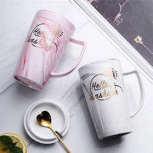 

Luxury Marble Ceramic Mugs Gold Plating Sunshine Couple Lover's Gift Morning Mug Milk Coffee Tea Breakfast Cup With Lid Spoon