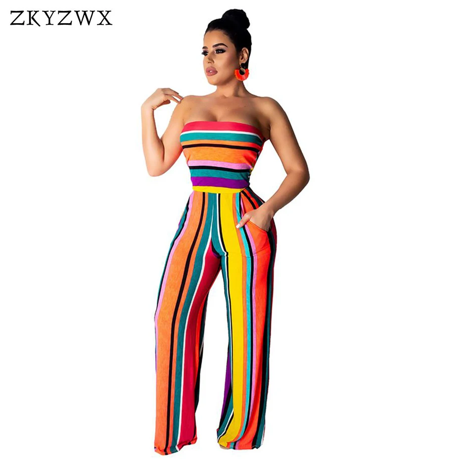 

ZKYZWX Striped Streetwear Rompers Womens Jumpsuit Summer Overalls Ladies One Piece Sexy Off Shoulder Wide Leg Long Jumpsuits