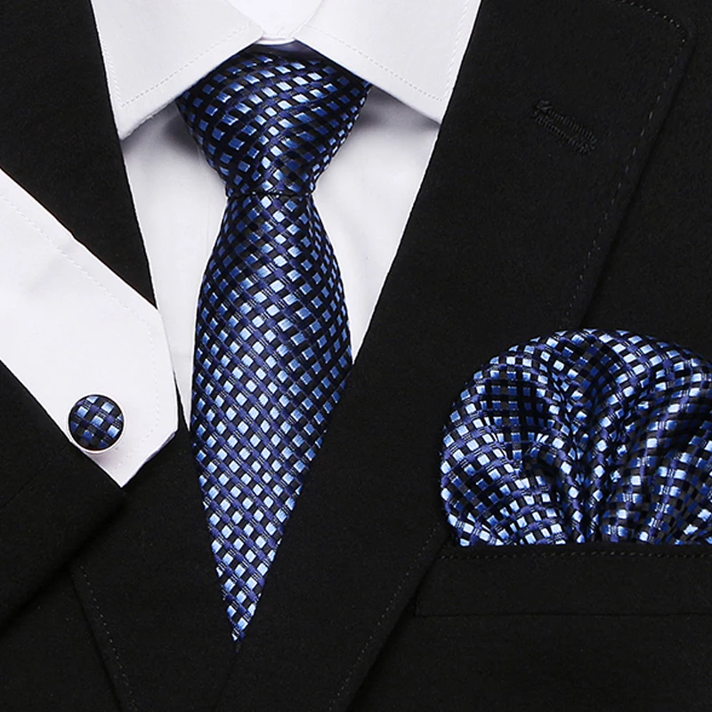 Бизнес Свадебные галстук Полосатый плед точка для мужчин шелковые галстуки для костюм Галстук Роскошные Homme носовой платок запонки