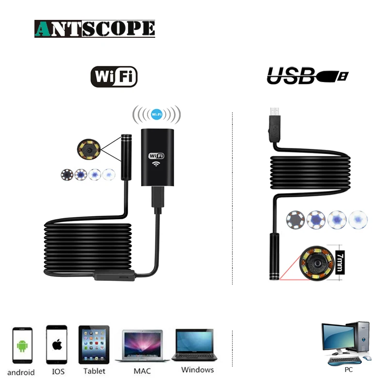 Antscope Wifi эндоскоп 8 мм 2/5/7/10M проводной эндоскоп Android 720P Android iOS Iphone 7 мм Softwire эндоскоп Камера USB эндоскоп 30