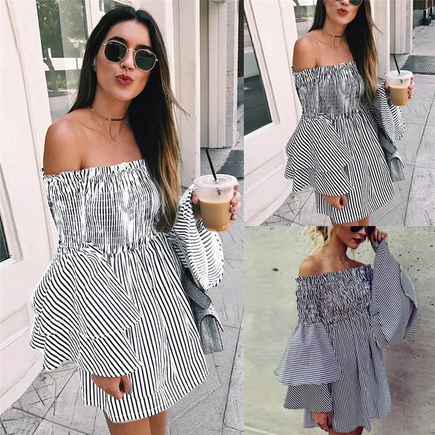 

Womens Holiday Off Shoulder Stripe Party Ladies Casual Dress Long Sleeve Dress New Style Fashion Mini Vestidos