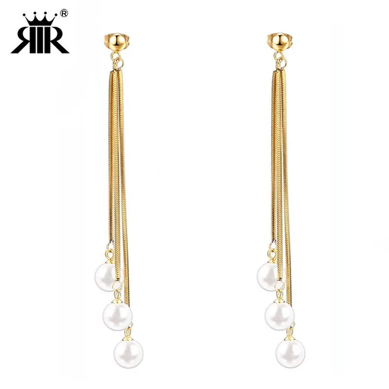 

RIR Vintage Long Tassel Ear Wire Simulated Pearl Womens Dangle Drop Earrings White In Stainless Steel