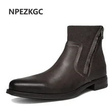 NPEZKGC/; военные ботинки в стиле ретро; Мужская обувь; ковбойские кожаные ботинки до середины икры с круглым носком; мужские мотоботы на молнии в римском стиле