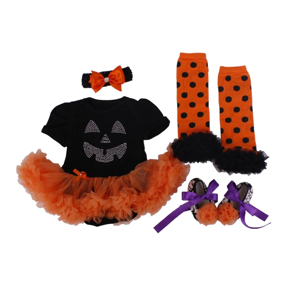 Детские костюмы для девочек на Хэллоуин комбинезон с изображением тыквы платье+ повязка на голову+ обувь+ гетры, комплект одежды для костюмированной вечеринки