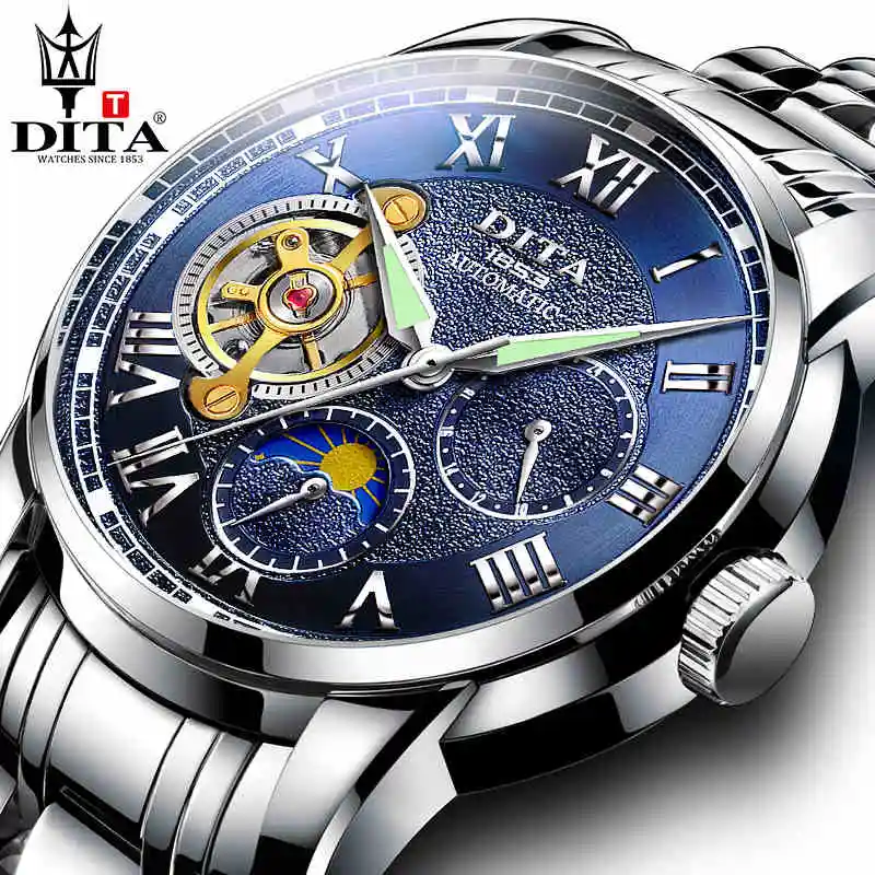

Mens Mechanical Watches Skeleton Moon Phase Clocks Brand Luxury Montre Homme Stainless steel Band Bracelets Relogio Masculino