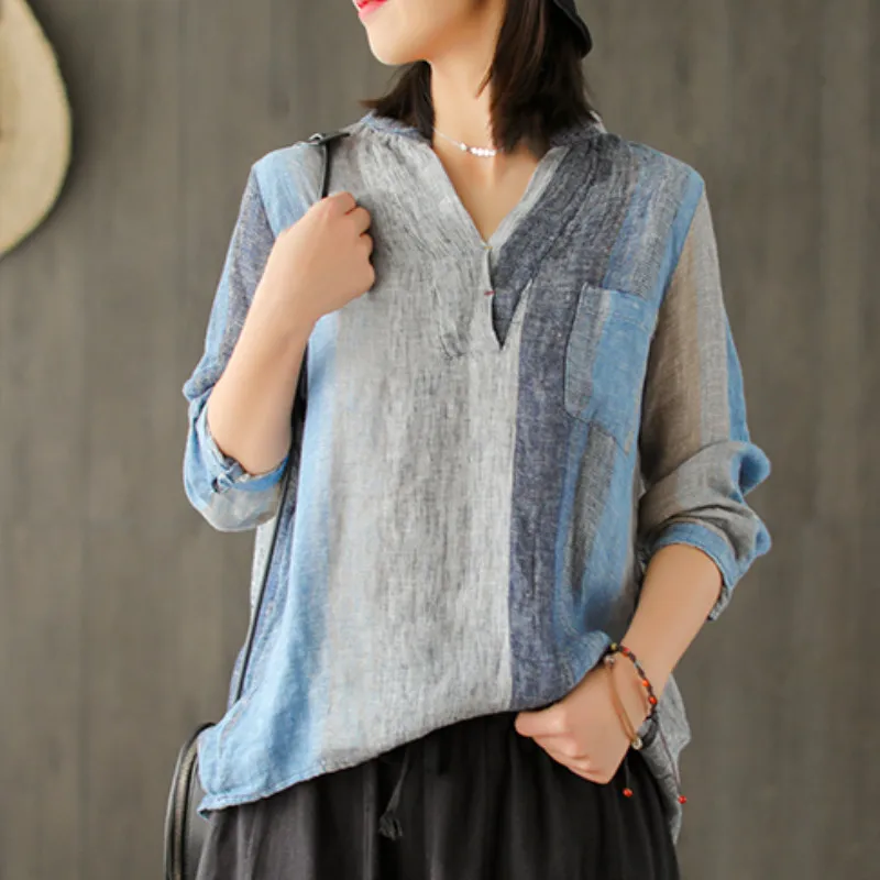 

Johnature 2019 Casual Fashion New Linen V-neck Long Sleeve Shirt Top Plus Size Cotton Pockets Spring Summer Women Shirt