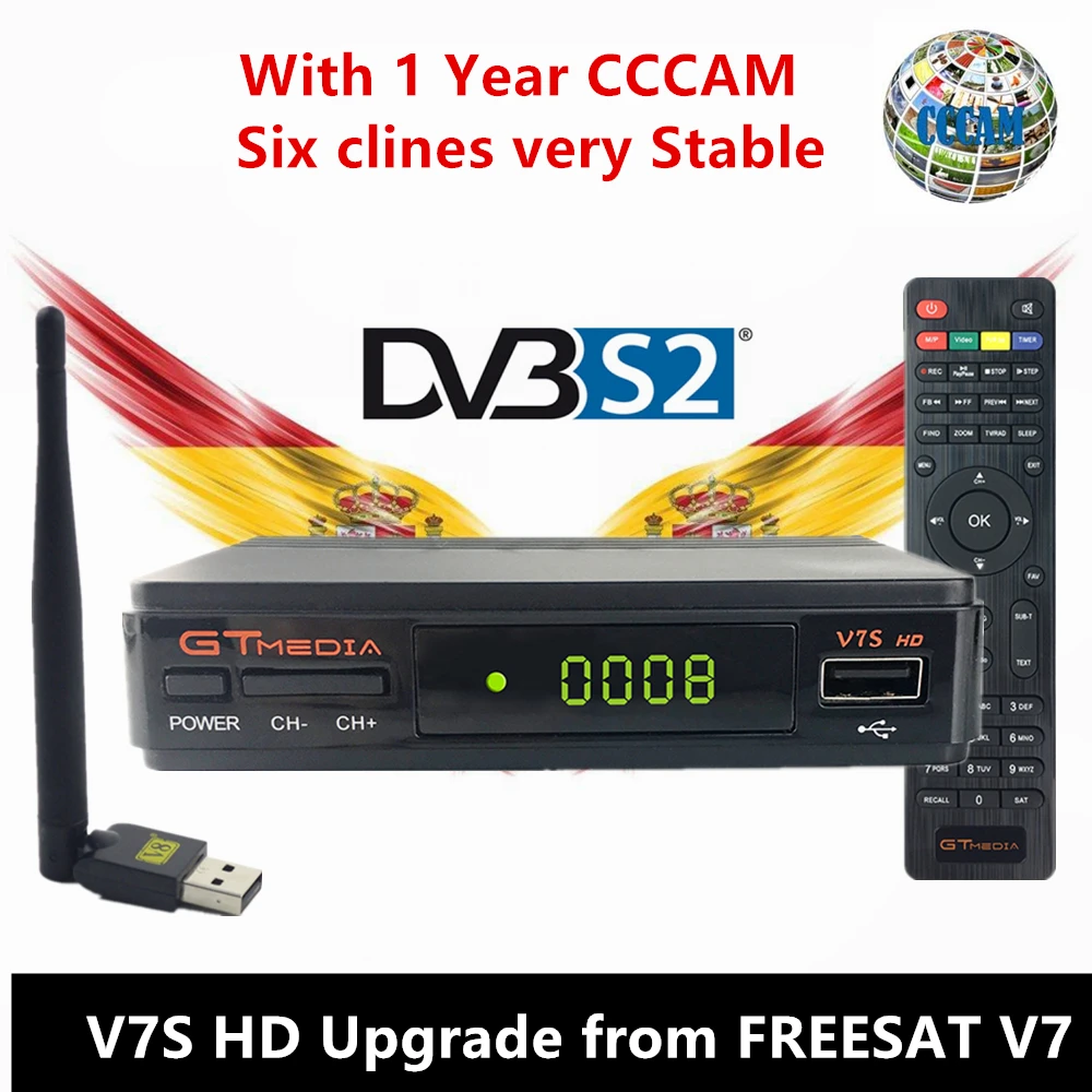 

GTMedia V7S FullHD Freesat Satellite Receiver + 1Year Europe CCcam 6 clines 1080P for Spain Germany Portugal VS Freesat V7
