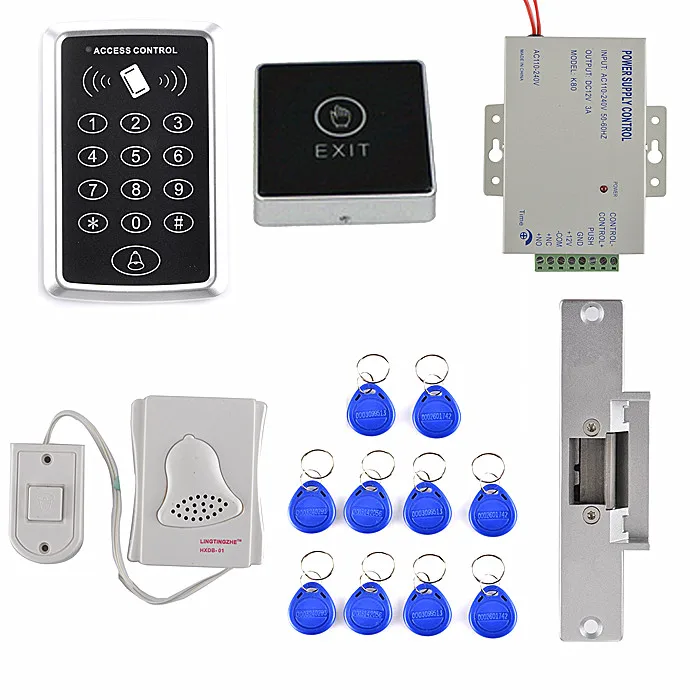 

125KHz Rfid Card Reader Access Control System kit +Bule Light Touch Door Button+10 RFID Card T10