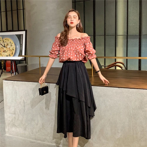 

Summer 2 Piece Set Women Pullover Slash Neck Half Puff Sleeve Tops Mid-calf Polka Dot Skirts Fashion Women Sets Clothes