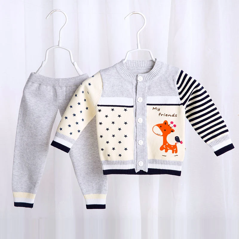 Детский свитер комплекты для новорожденных мальчиков и девочек с длинным рукавом комплект одежды, топ + штаны детские хлопок Животные
