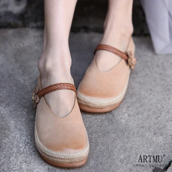 

Artmu Vintage Flats Platform Woman Shoes Mary Jane Flowers Handmade Genuine Leather Shoes Cowhide Hook Loop Women Roma Fashion