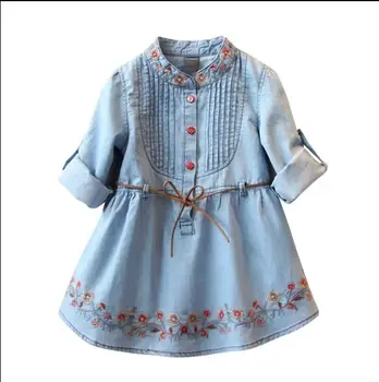 

Children's Wear 2018 Autumn New Girls Lace Long Sleeve Denim Dress Child Neck Pleated Embroidered Dress